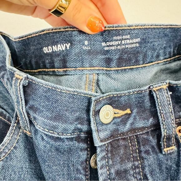 OLD NAVY Dark Blue Wash High Rise Slouchy Straight Leg Denim Distressed Jeans 8 - Picture 4 of 14